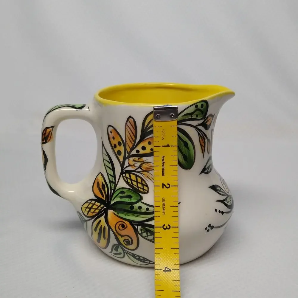 Studio Pottery Creamer Pitcher 1980 Vintage Pour Serveware Yellow Botanical 4